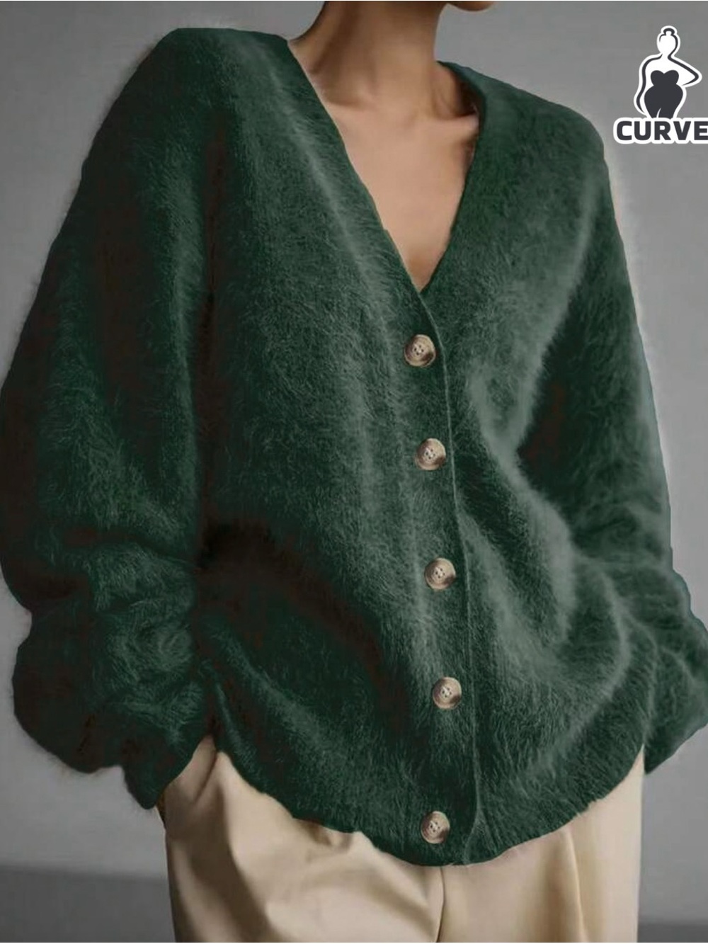 Shein Curve V-Neck Fuzzy Sweater Cardigan - Deep Green